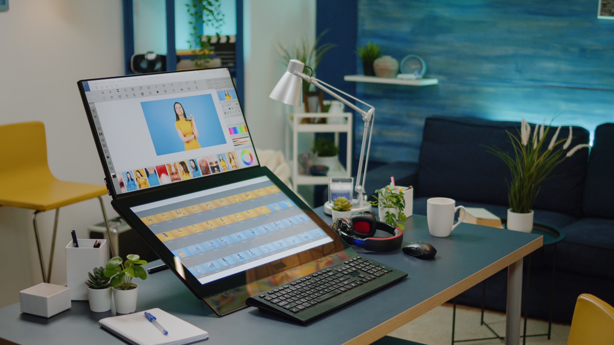 Nobody in editing studio with photo retouching equipment